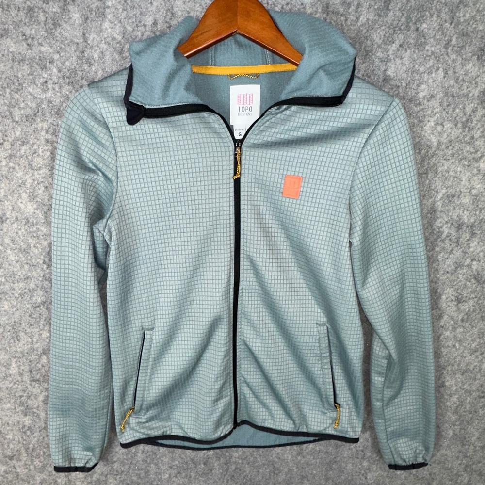 Topo Designs Jacket Womens S Blue Global Midlayer Hoodie Grid Fleece Full Zip